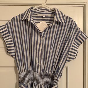 Blue and white stripe tie waist midi dress